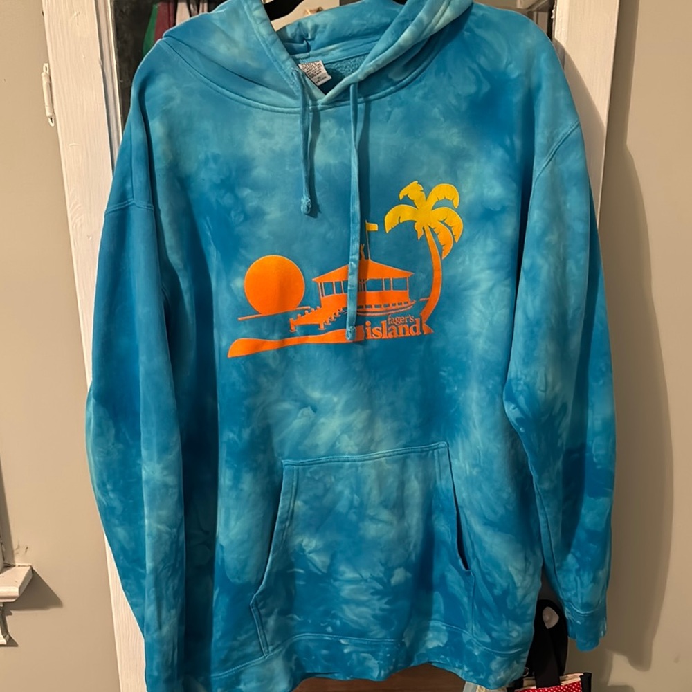Blue Tie-Dye Hoodie with Orange Island Graphic